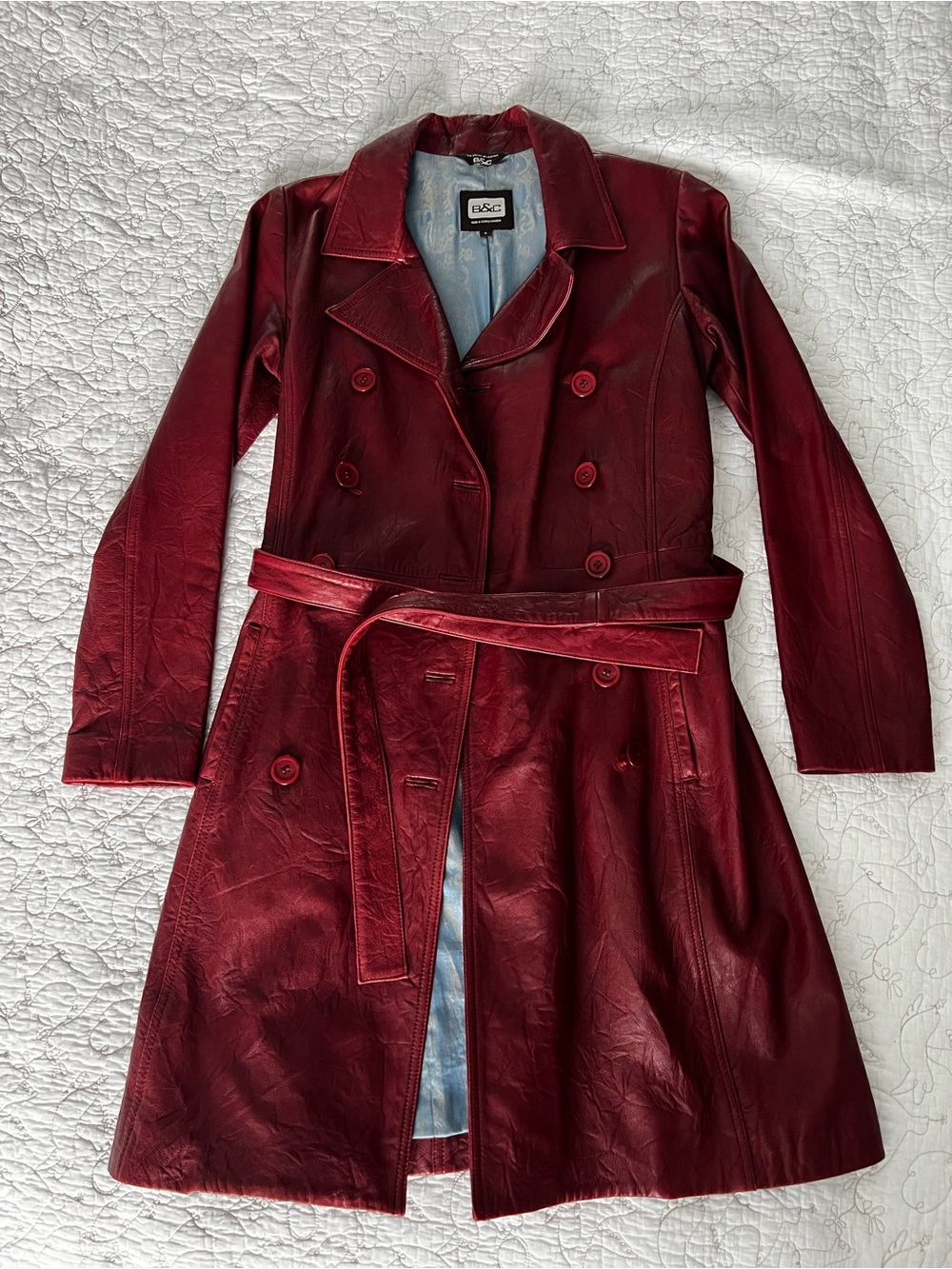 Red Leather Double-Breasted Trench Coat with Belt
